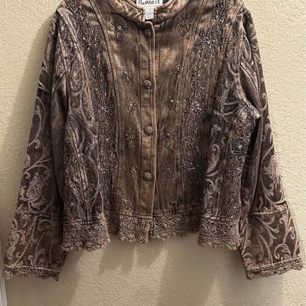 Flashback Vintage BOHO Bohemian Plus Size Women's Brown Embroidered Jacket